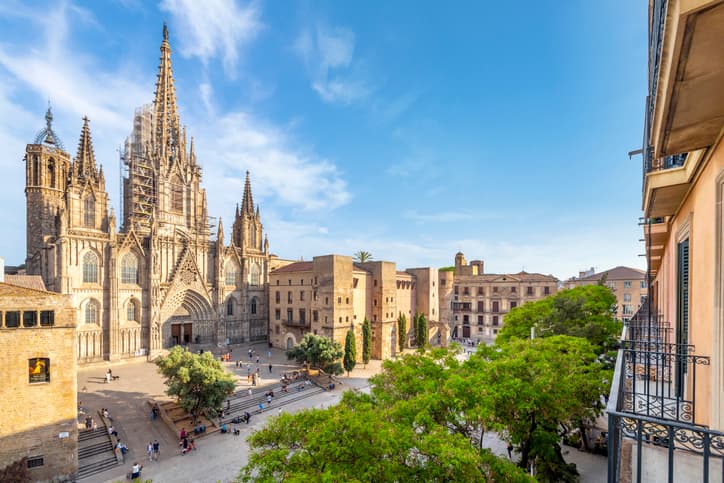View From A Balcony Of The Gothic Barcelona Cathedral Of The Holy Cross And Saint Eulalia And The Plaza In The El Born District Of Barcelona