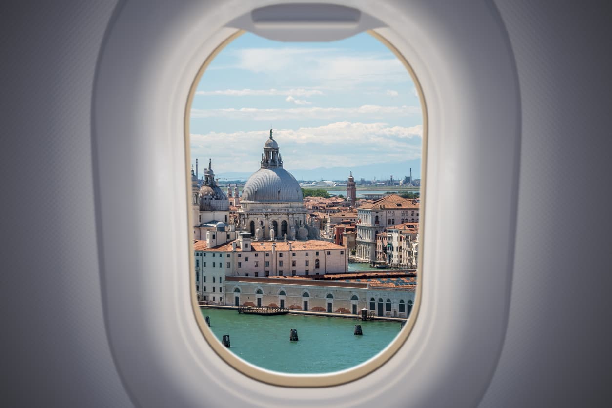 view of Venice out of an airplane window