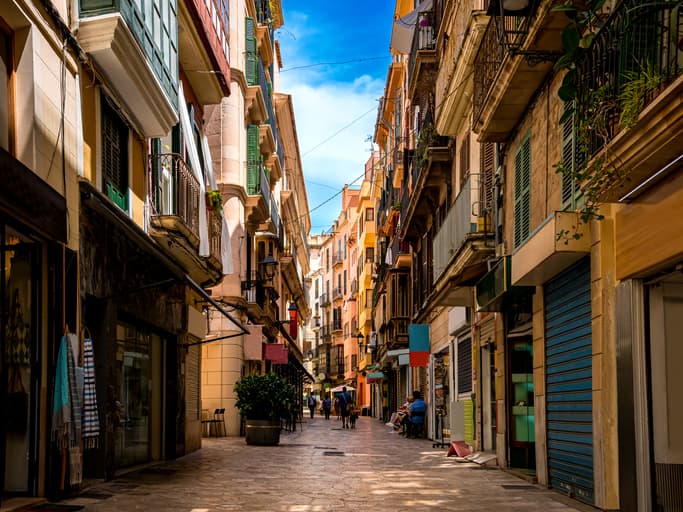Street View Of Empty Carrer De Largenteria In A Mediterranean Shopping District Of Palma De Mallorca